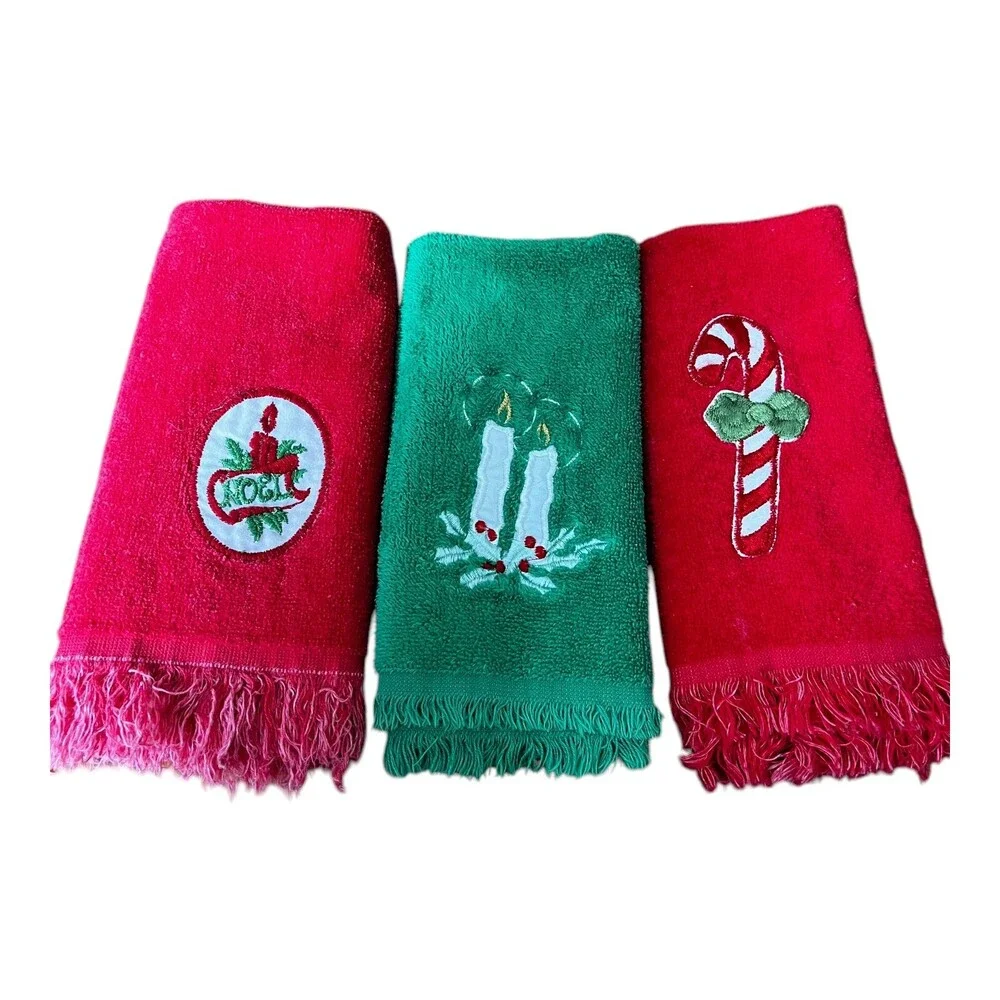 Lot Of 3 VTG Martex Cannon Xmas Red Green Fingertip Bathroom Cotton Hand Towels